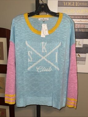 Simply Southern Blue, Pink & Yellow Ski Club Colorblock Sweater